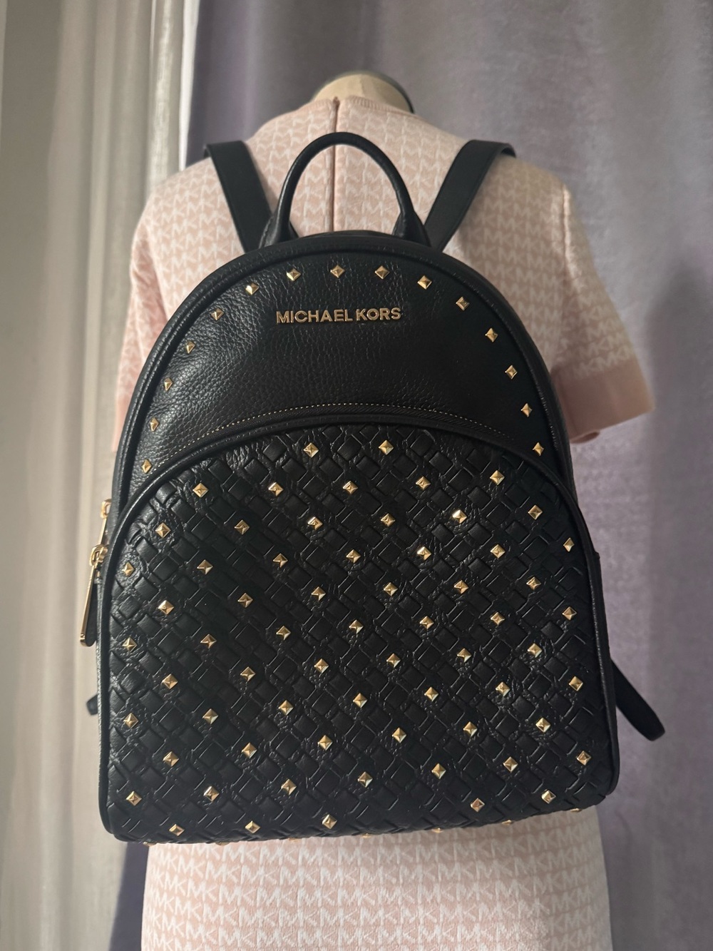 Michael Kors Abbey Black Woven Leather Medium Backpack with Gold Studs